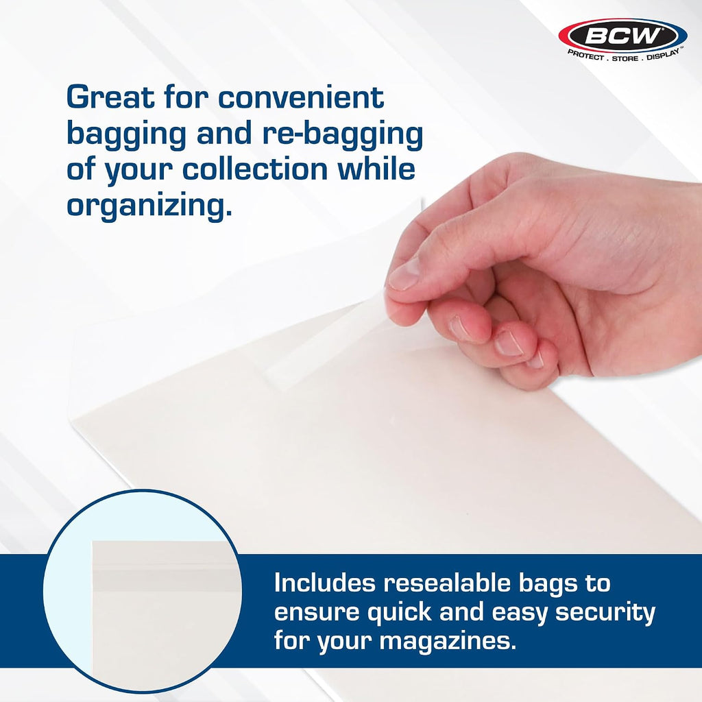 BCW Magazine Bags and Boards – (25 Pack) | Premade Resealable Magazine Protectors | Standard Size 8 ¾" x 11 ⅛" | Magazine Sleeves and Boards Pre-Loaded for Storage and Display
