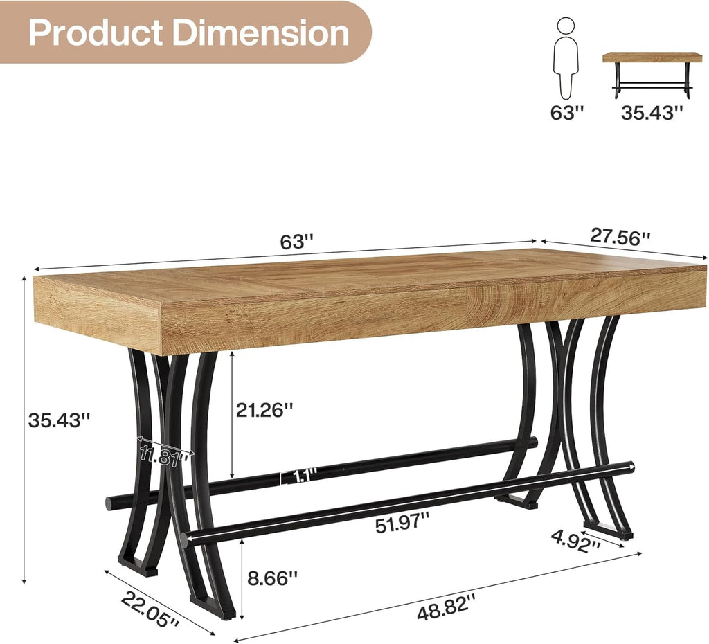 Tribesigns 63" Counter Height Bar Table with Metal Footrest, Rectangular Tall Kitchen Dining Pub Table, Industrial Home Bar Unit for Entertaining, Freestanding, Rustic Brown