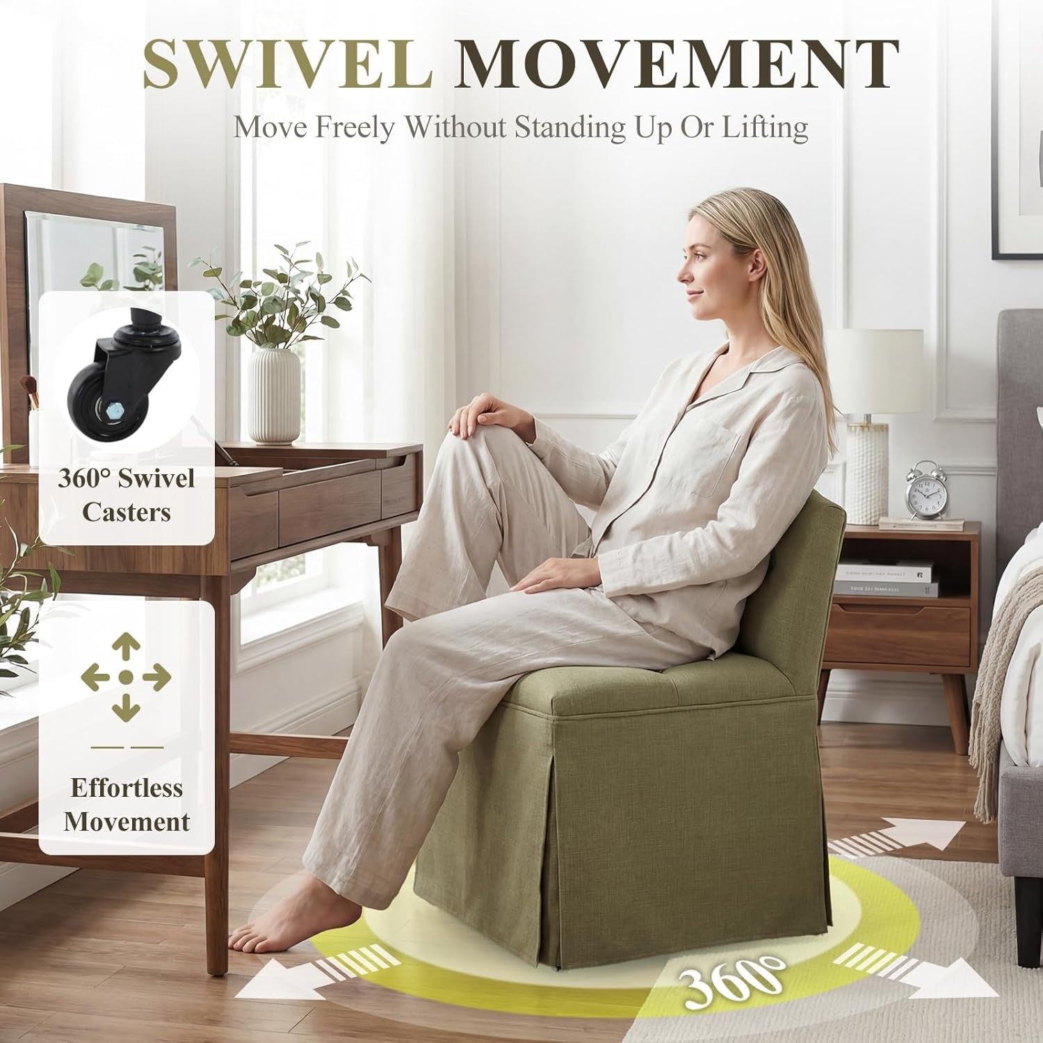 Green Tufted Makeup Vanity Chair with Wheels, Small Upholstered Skirted Slipper Accent Chair with Low Back & Metal Legs, Armless Rolling Vanity Stool Desk Chair for Living Room Bedroom