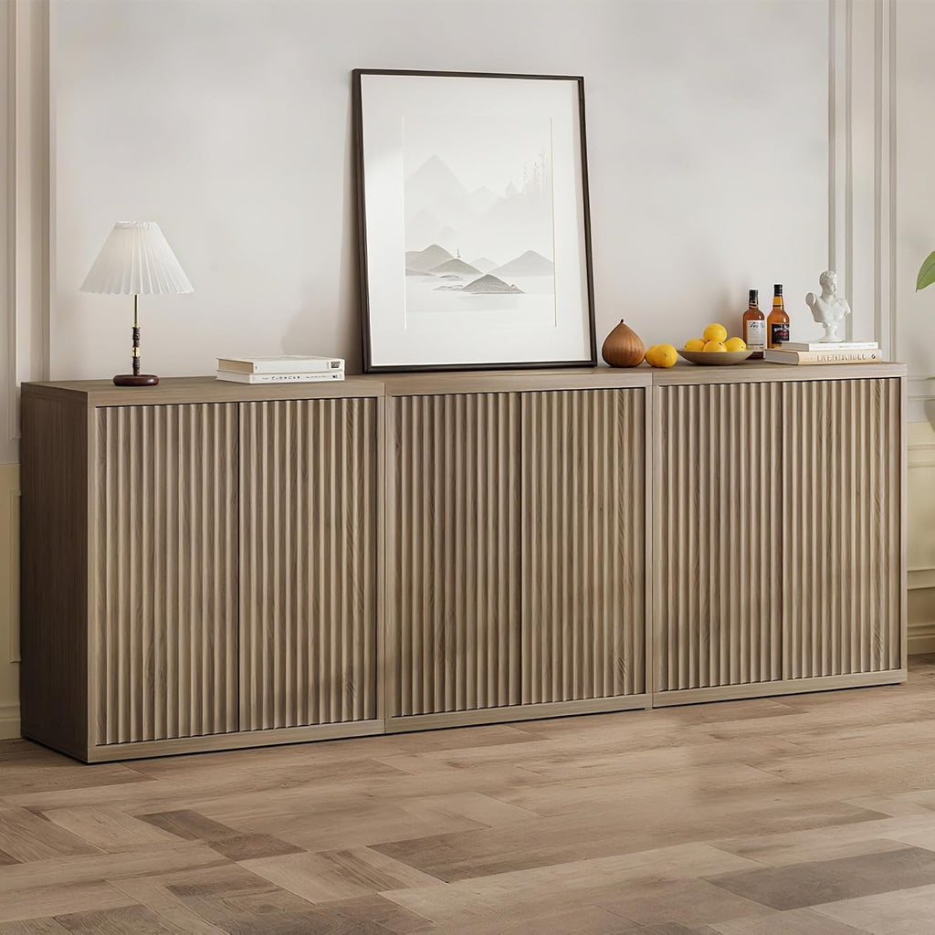 Airynee 31” Sideboard Cabinet with Storage, Fluted Accent Cabinet with Adjustable Shelves, Modern Wood Credenza Cabinets with Pop-up Doors for Entryway Kitchen Living Room Hallway, Brown 3 Pcs