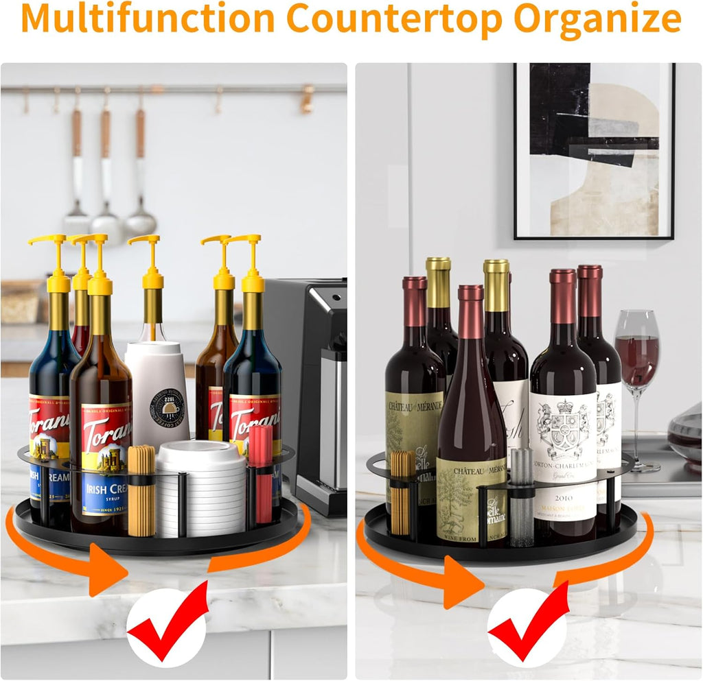 Coffee Syrup Organizer 8 Bottles, Rotating Coffee Syrup Holder with Stirrers Storage for Syrup Bottles, Cup and Lid, Wine Display, Syrup Rack Stand for Coffee Bar Organizer, Kitchen