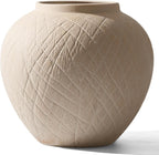 Large Carved Rustic Farmhouse Vase Home Decor - 8.8 in Ceramic Boho Decorative Vase for Decor, Round Clay Beige Terracotta Bowl vase for Living Room, Table, Shelf, Centerpieces