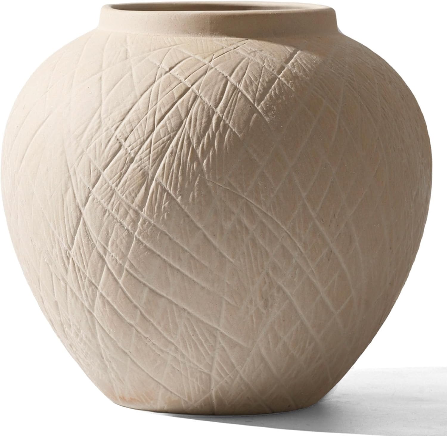 Large Carved Rustic Farmhouse Vase Home Decor - 8.8 in Ceramic Boho Decorative Vase for Decor, Round Clay Beige Terracotta Bowl vase for Living Room, Table, Shelf, Centerpieces