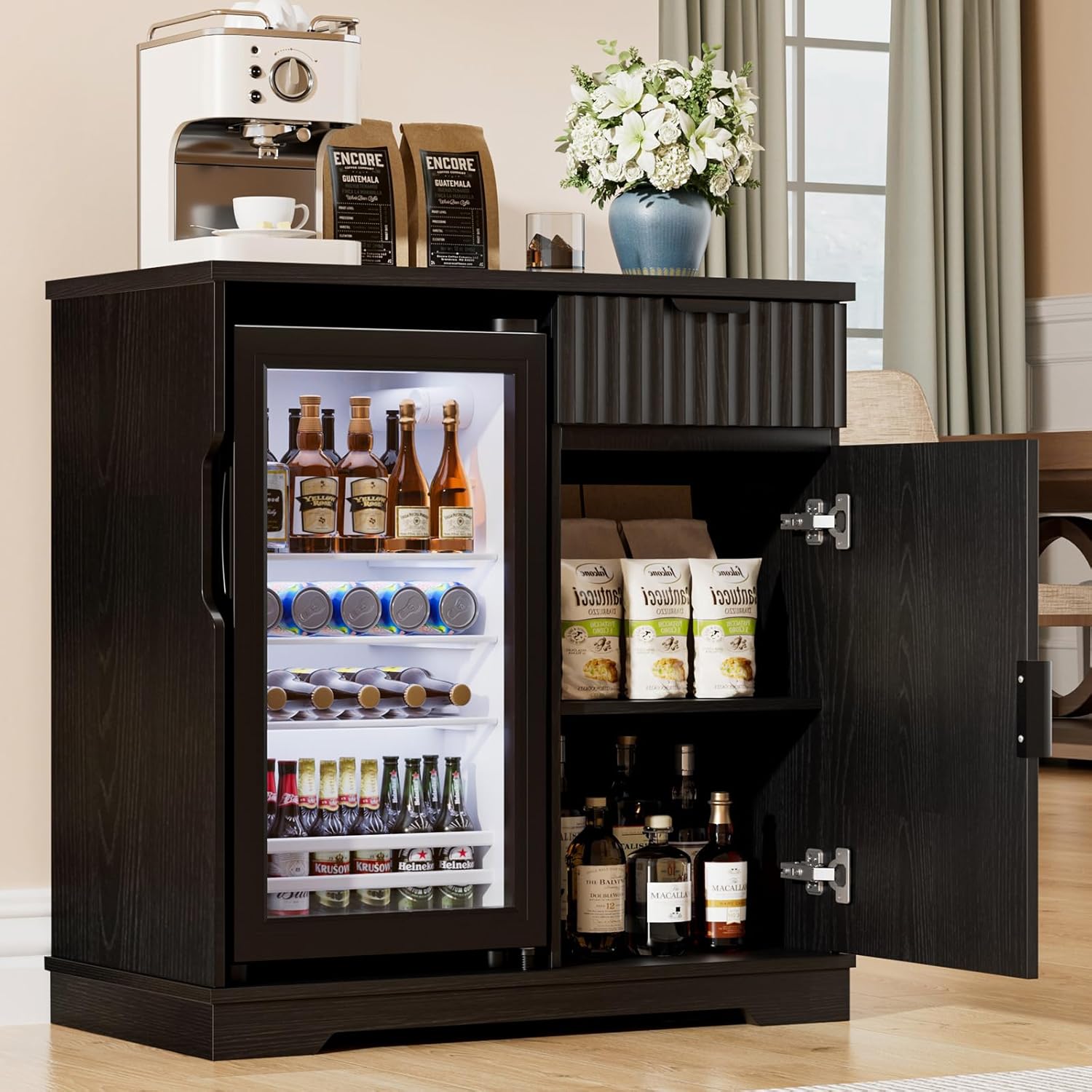 Mini Fridge Cabinet (Fridge Included), Fluted Coffee Bar Cabinet with Refrigerator, Pull Out Drawer & Storage Cabinets, 31.5" Liquor Wine Bar Cabinet for Home, Kitchen, Dining Room, Blac