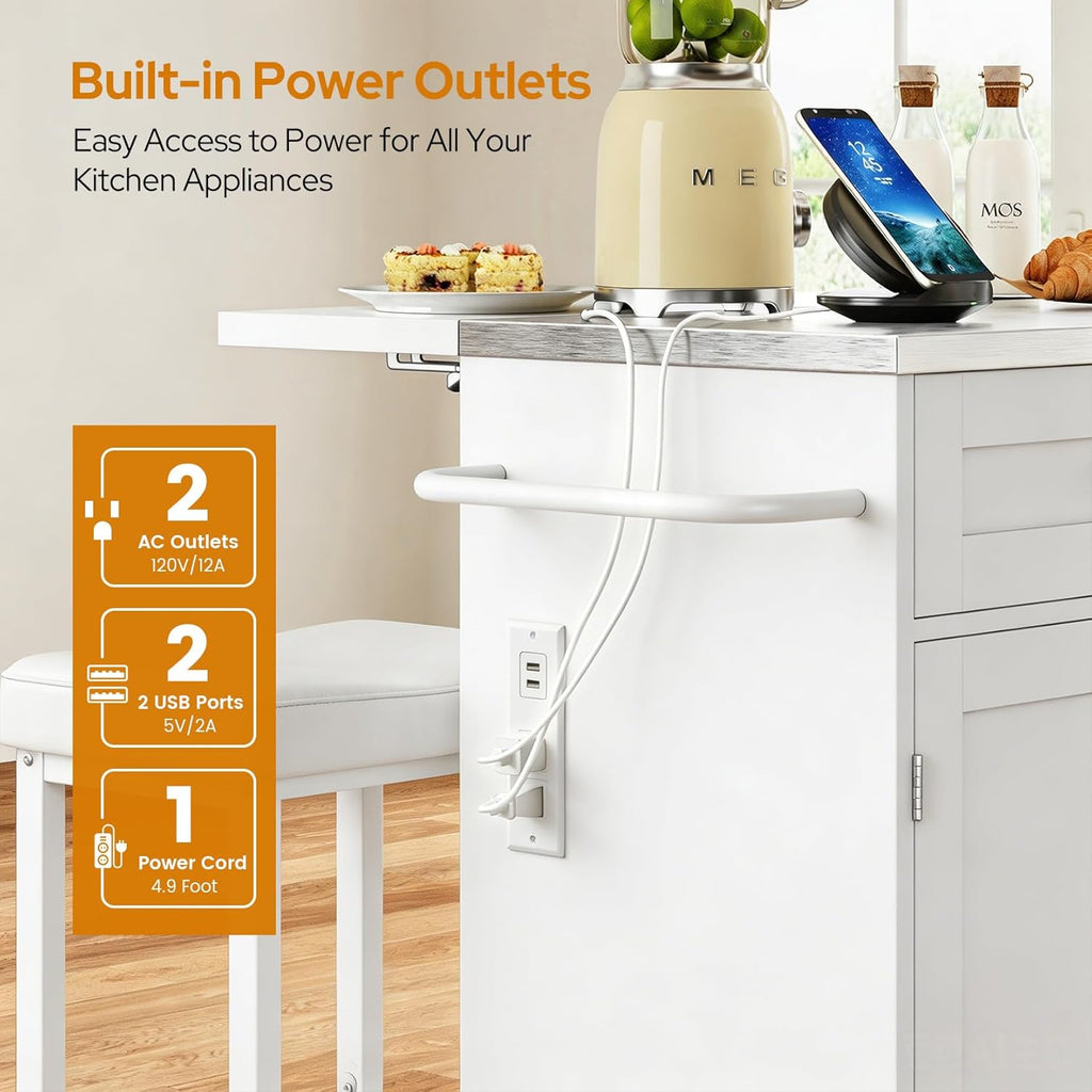 Concho 56'' Rolling Kitchen Island with Seating and Stainless Steel Countertop, Mobile Kitchen Carts with Folding Drop Leaf, 2 Bar Stools, Power Outlet, Spice/Towel Rack, Zircon White