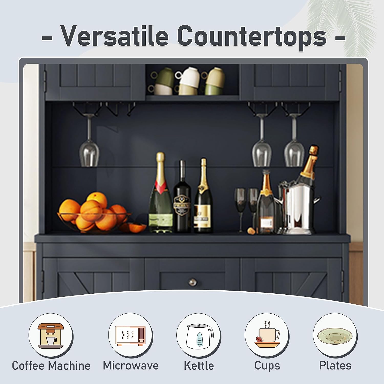 Coffee Bar Cabinet with Storage, 9-Grid Wine Rack & Drawers, Farmhouse Kitchen Buffet with Glass Hooks for Dining Room, Living Room, Kitchen (Blue, 73")