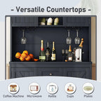 Farmhouse Kitchen Buffet Cabinet with Storage, Dark Blue Food Pantry Organizer with Wine Racks, Glass Shelves & Drawers for Dining Room