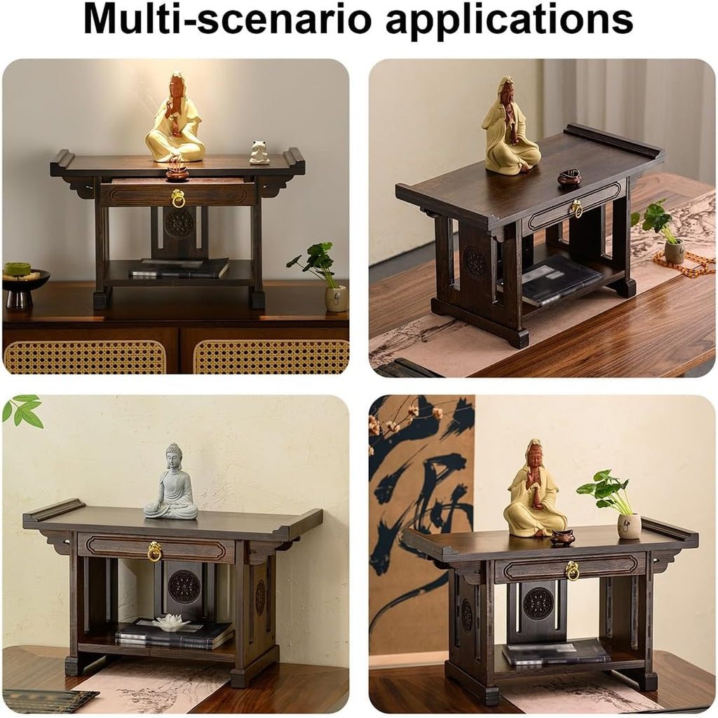 2-Tier Meditation Table, Personal Shrine Altar Cabinet with Retractable Pull Plate, Bamboo Prayer Table for Living Room, Bedroom, Office(19.6 * 9.8 * 11in)