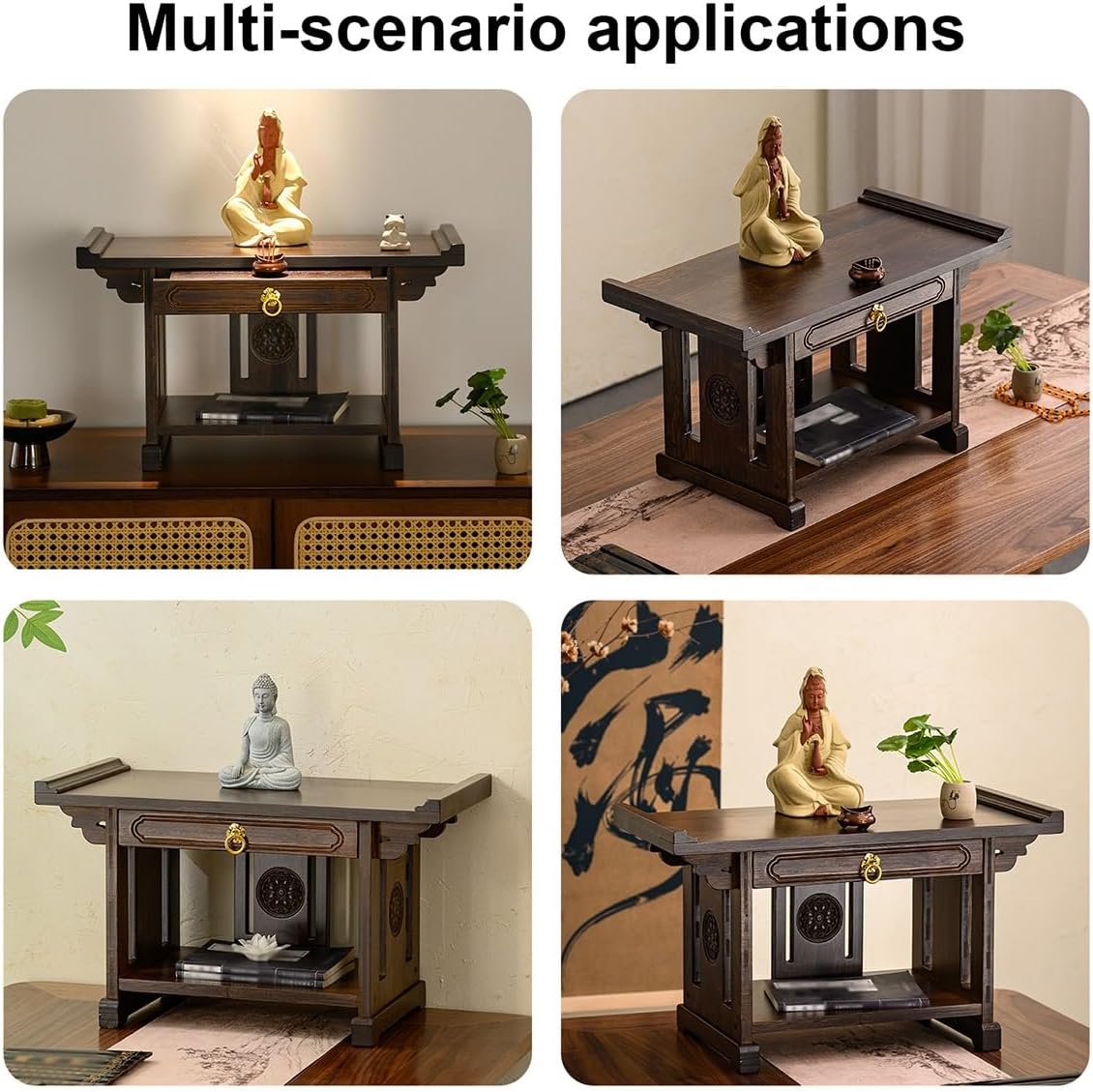 2-Tier Meditation Table, Personal Shrine Altar Cabinet with Retractable Pull Plate, Bamboo Prayer Table for Living Room, Bedroom, Office(19.6 * 9.8 * 11in)
