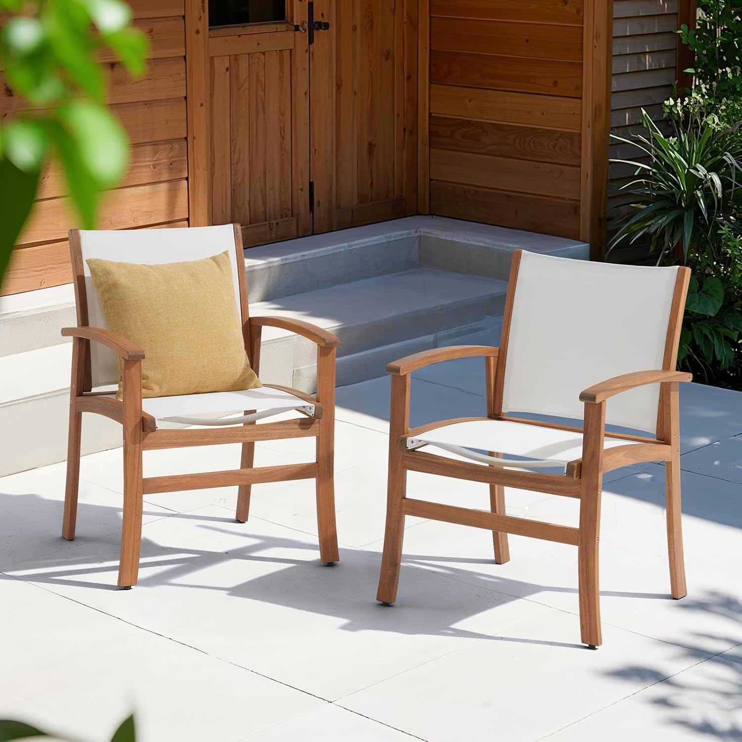 Acacia Wood Patio Dining Chairs Set (White, 8 Pieces) | Outdoor Chair Set with Breathable Textilene Fabric, Metal Support Bars, Curved Armrest, Supports 350lbs For Lawn, Garden