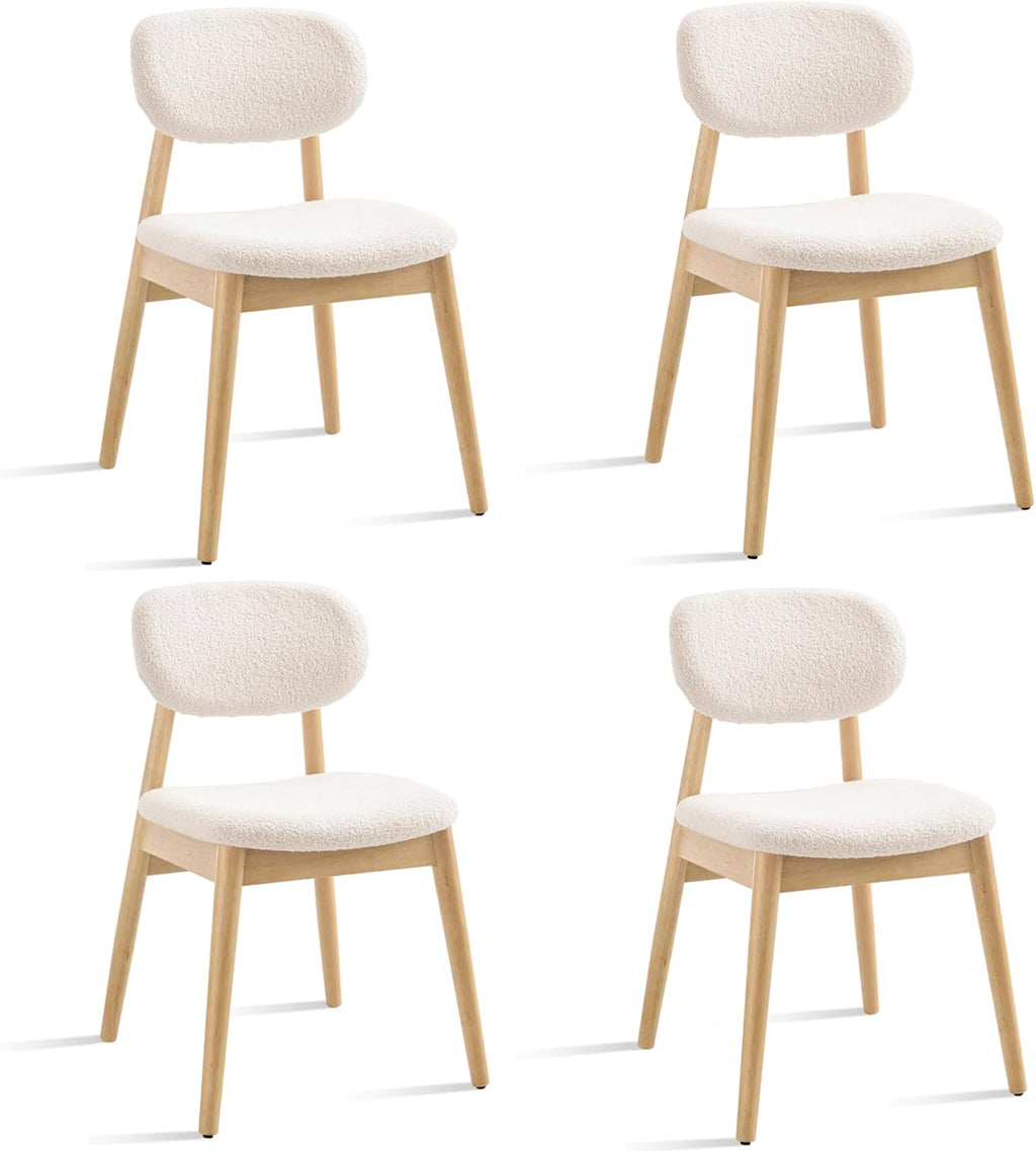 Wooden Dining Chairs Set of 4, Farmhouse Boucle Upholstered Kitchen Chairs, White