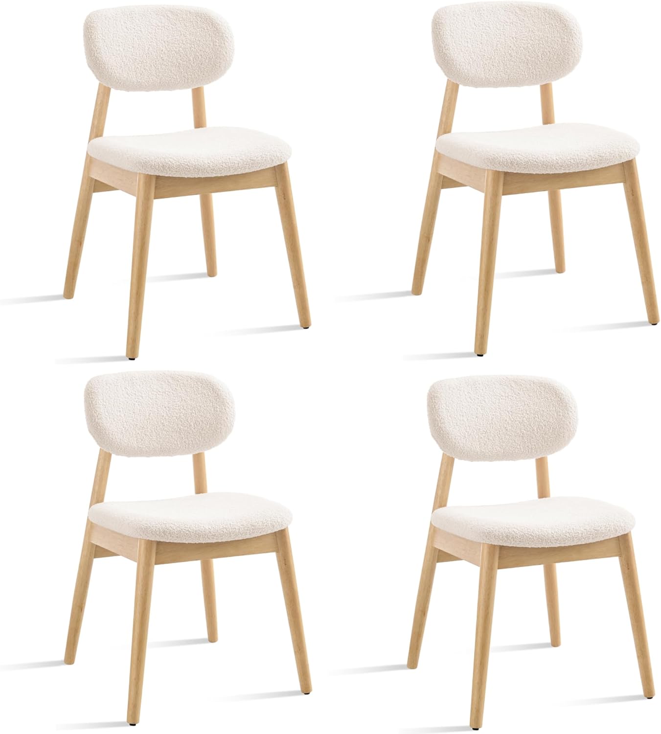 Wooden Dining Chairs Set of 4, Farmhouse Boucle Upholstered Kitchen Chairs, White