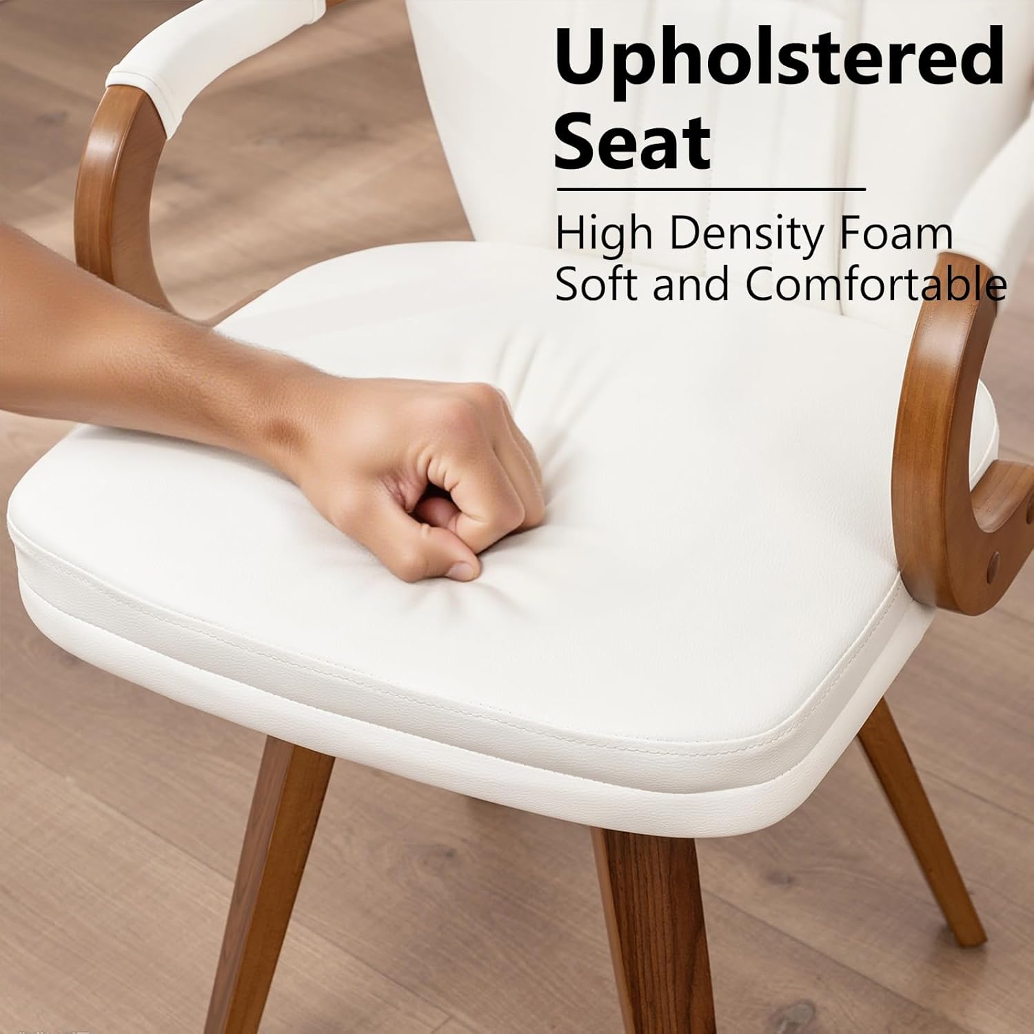 Swivel Dining Chairs Mid Century Modern White Faux Leather Upholstered Kitchen Chairs with Bentwood Frame Armrests Side Chairs,Comfortable Ergonomic Wood Accent Chair No Wheels,1PCS