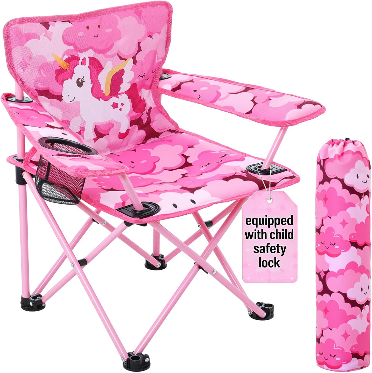 Huskfirm Padded Kids Camping Chair Folding Toddler Chair with Cup Holder & Safety Lock Portable Kids Beach Chair Ages 3-6 for Outdoor Camping Foldable Kids Chair Support 120lbs,Pink Unicorn
