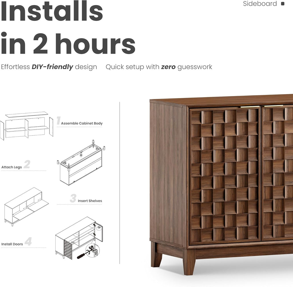 MALOL Fluted Sideboard Buffet Cabinet with Storage, 59" Wood Buffet Table with 4 3D-Checkerboard Doors & Adjustable Shelves, Kitchen Dining Room Coffee Bar Cabinet, Mid Century Modern Style, Walnut