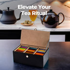 Premium Tea Box Organizer - Elegant Tea Bag Storage Container with 60 Tea Bag Holder Capacity - Vegan Leather Exterior and Velvet Fabric Interior - Black