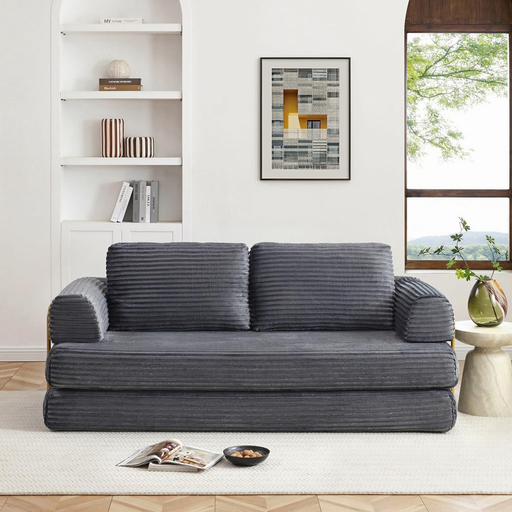 Convertible Folding Sofa Bed, Modern Futon Sleeper Sofa Fold Out Couch Bed with Gold Fixed Frame, Modular Floor Sofas Comfy Corduroy Boneless Couches for Living Room (80" Grey)