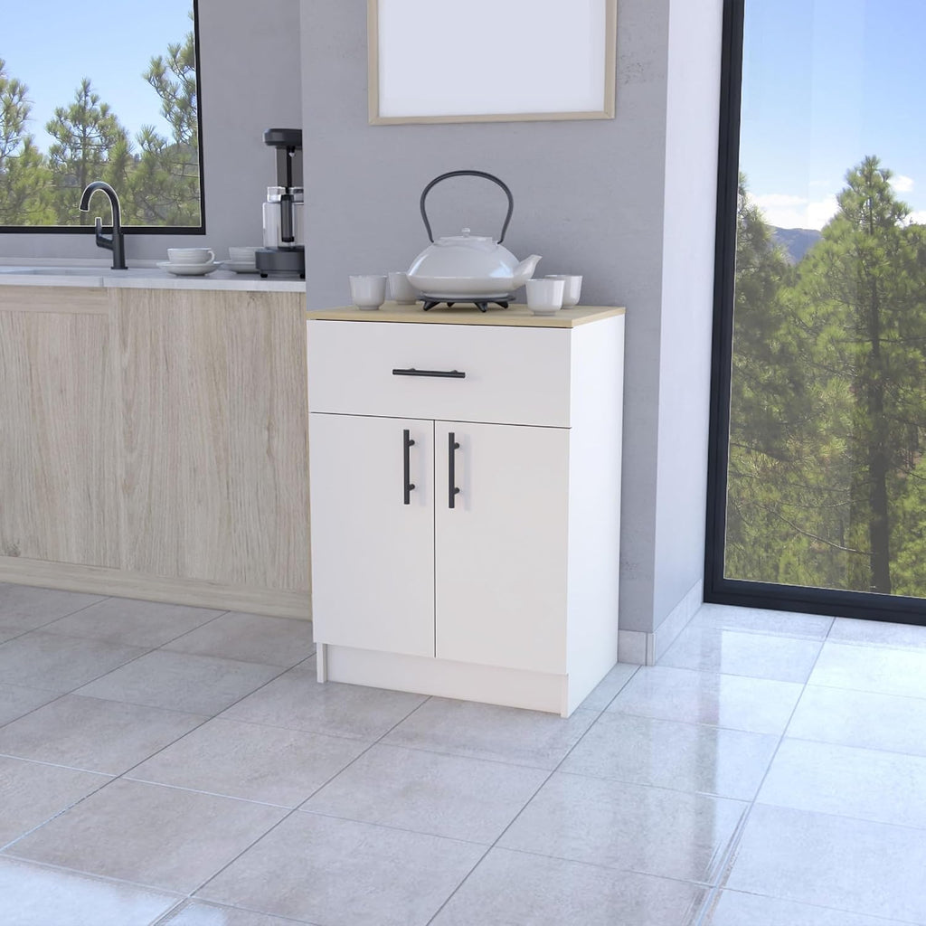 Cope Kitchen Pantry in Melamine with 2 Doors and 1 Drawer, Ivory/Natural Oak,for Kitchen