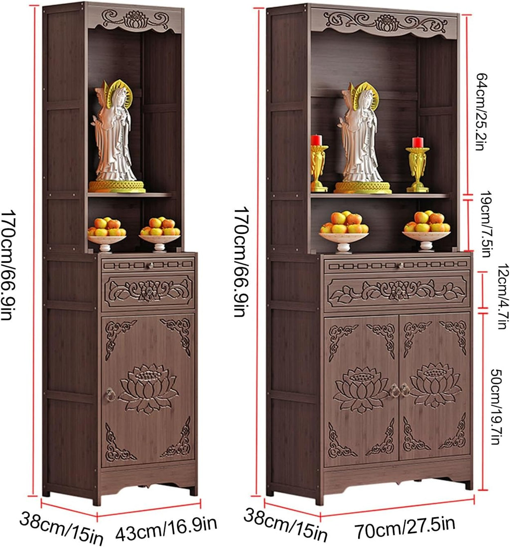 Meditation Table with Storage, Bamboo Buddhist Altar Cabinet, Personal Shrine Altar Table, Chinese Pooja Prayer Cabinet, for Living Room, Bedroom, Office(70cm/27.5in)