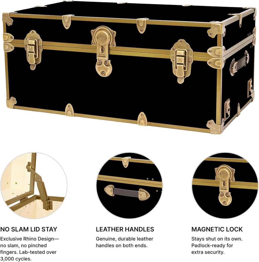 Rhino Trunk & Case Classic Camp & College Trunk with Antique Brass Hardware - 30"x17"x13", 1500+ lbs Capacity - Soft-Close Lid. Strong, USA Made Summer Camp Footlocker and Secure Dorm Storage Chest