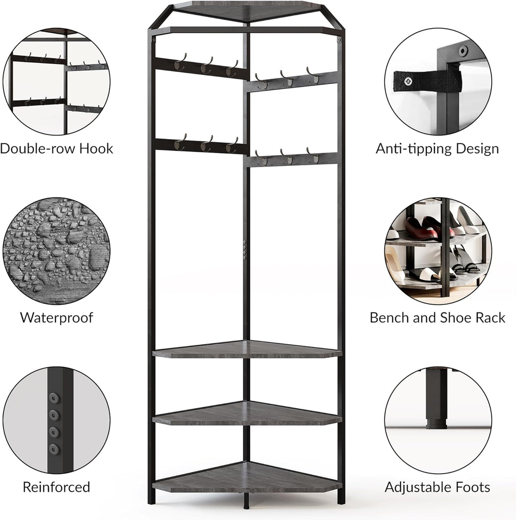 Takywep Corner Hall Tree Coat Rack with Shoe Bench, Entryway Coat Rack 12 Double Hooks & Top Storage Shelf, Freestanding Clothes Rack Shoes Shelf Organizer for Home Office Bedroom Closet, Grey