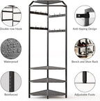Takywep Corner Hall Tree Coat Rack with Shoe Bench, Entryway Coat Rack 12 Double Hooks & Top Storage Shelf, Freestanding Clothes Rack Shoes Shelf Organizer for Home Office Bedroom Closet, Grey