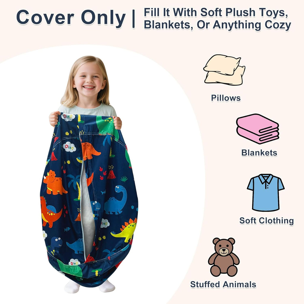 Lukeight Stuffed Animals Storage Bean Bag Chair Cover, Large 27 x 16 in | Dinosaur Cozy Velvet Plush Toy Organizer Seat for Kids, Cover Only, No Filling Included, Long YKK Zipper, Side Pocket