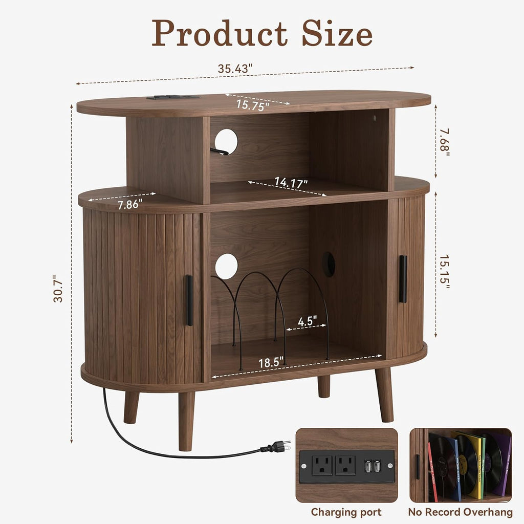 35" Record Player Stand with Storage and Shelves, Vinyl Record Cabinet with Power Outlets, Mid-Century Modern Record Table，Storage Furniture for Living Room and Bedroom,Walnut