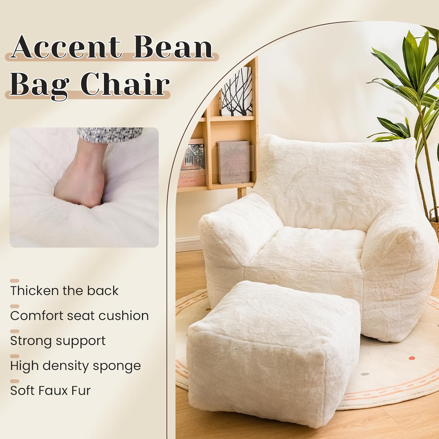 Cvortll Bean Bag Chair with Ottoman, Soft Fluffy Faux Fur Beanbag Chairs for Adults with Armrest and Memory Foam Fille, Lazy BeanBag Sofa with Footstool for Living Room, Bedroom, Apartment