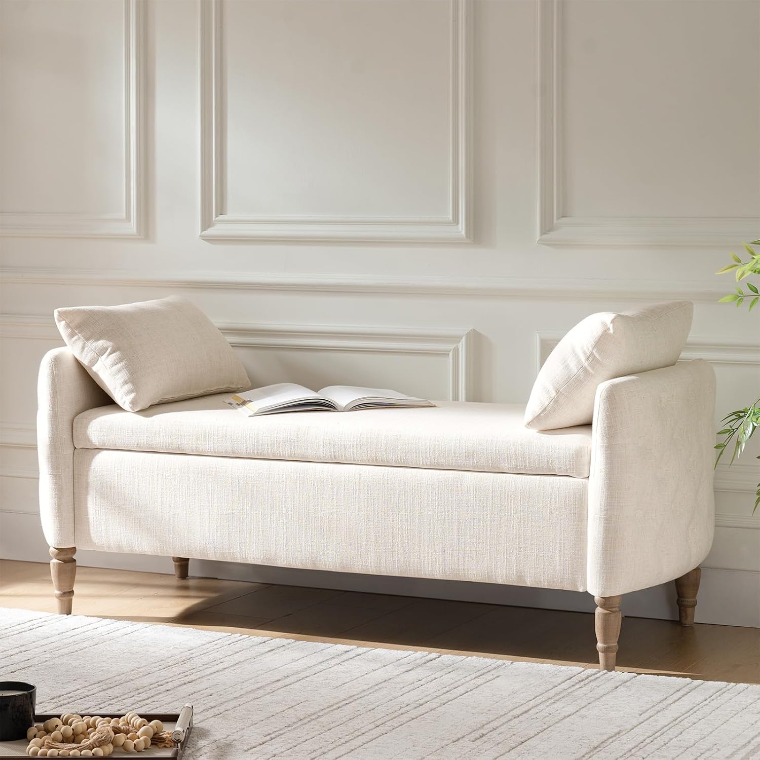 HULALA HOME Storage Bench for Bedroom with Throw Pillows, 59" Large Bedroom Ottoman Bench with Solid Wood Frame, Comfy Upholstered Footstool with Flip-top for Living Room, Entryway, Ivory
