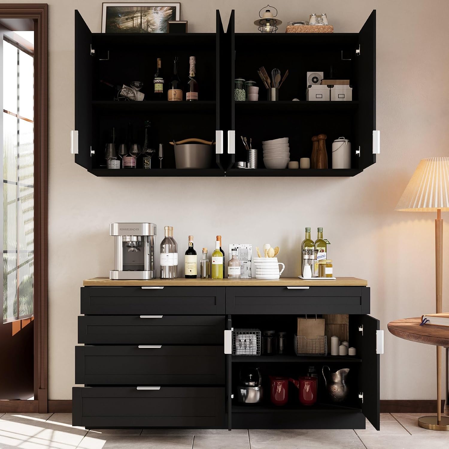 Timechee Large Kitchen Pantry Storage Cabinet Set with Wall Cupboard, Freestanding Food Pantry Cabinet for Kitchen with 6 Doors & 5 Drawers, Sideboards with Storage for Living Room, Black, 63" W