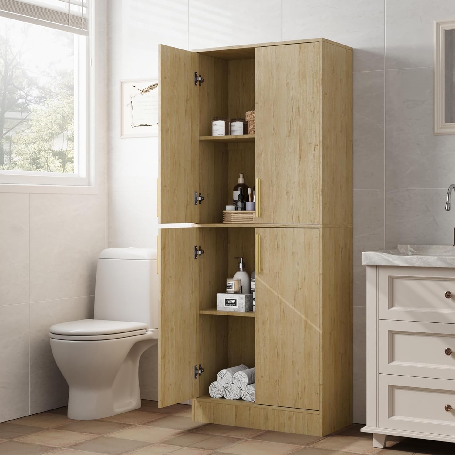 Housoul 71" Tall Pantry Cabinet with 4 Doors, Kitchen Pantry Storage Cabinet, Freestanding Larder Cupboard, Utility Kitchen Hutch with Gold Handles for Dining Room, Bathroom, Natural