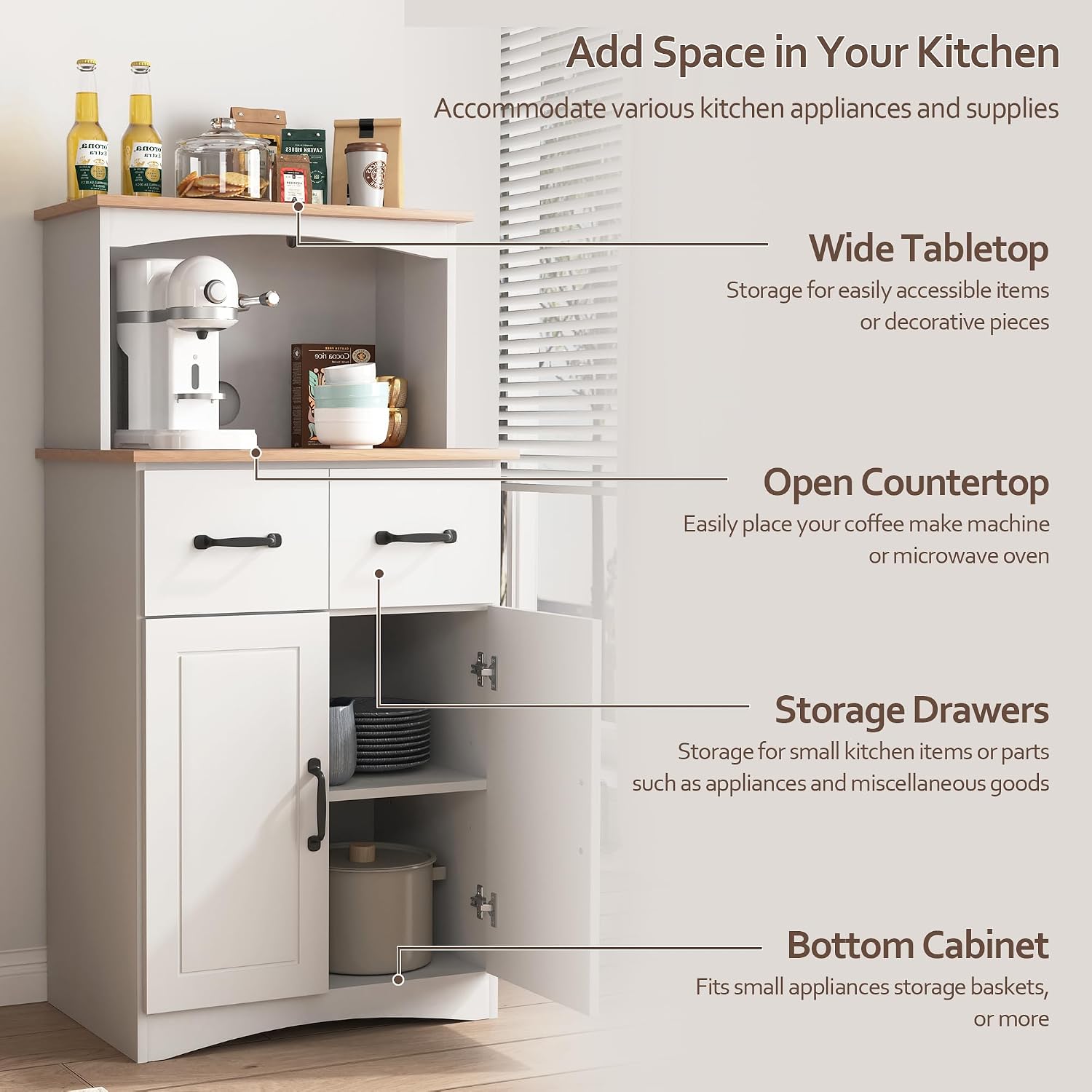 Microwave Cabinet with Storage and Drawers, Kitchen Microwave Stand with Storage, Microwave Stand with Hutch & Adjustable Shelves, Microwave and Coffee Bar Cabinet for Kitchen, Dining Room