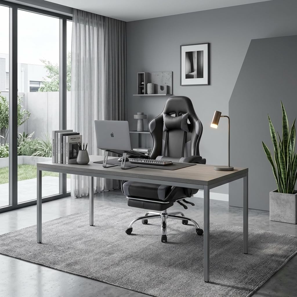 Racing E-Sports Gaming Chair - Ergonomic Grey PU Leather Computer Desk Chair with Footrest, High Back Recliner with Lumbar & Headrest Support, 360° Swivel for Home Office