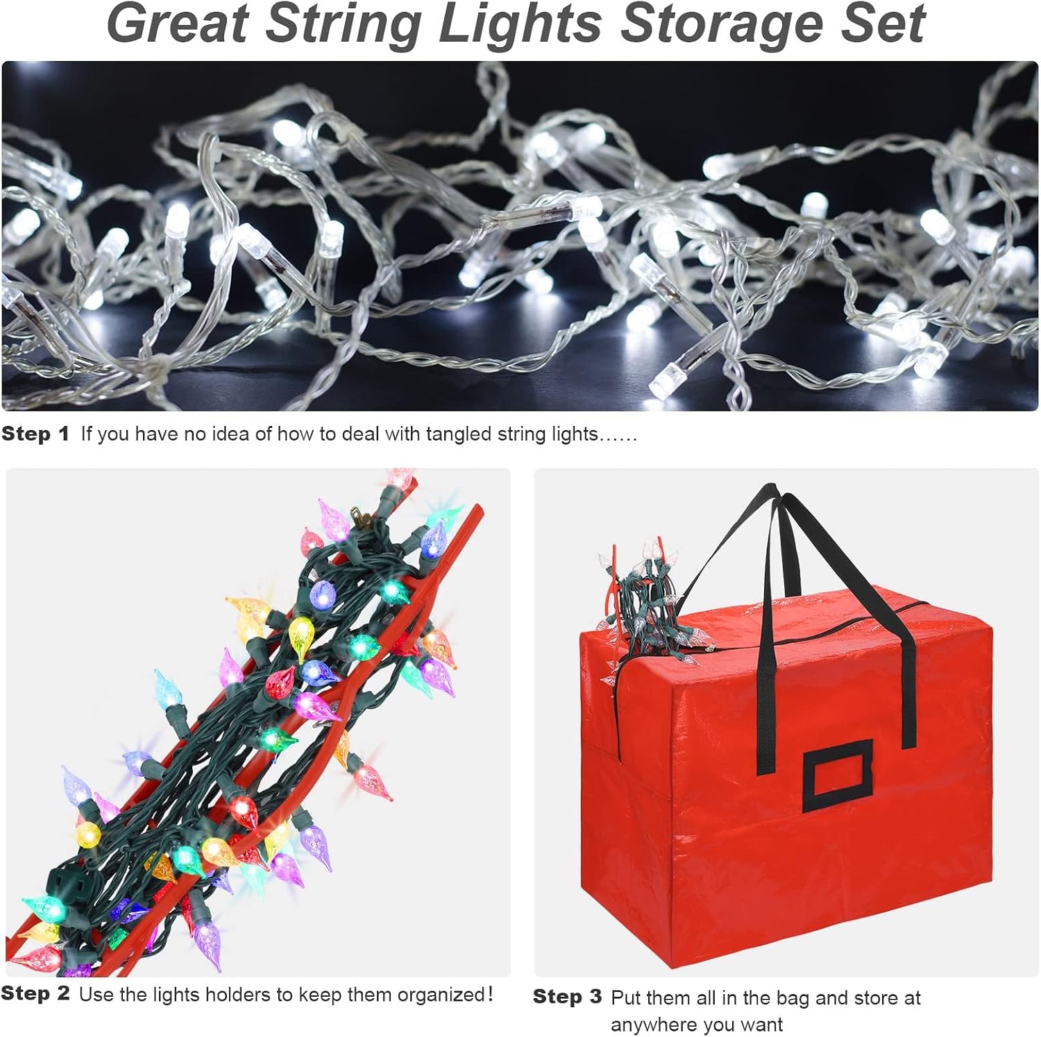 RUODON 12 Pack Christmas Lights Storage Holders with Storage Bag Hanging Rope Cord String Winder Organizer Holiday Lights Storage Hold Up to 164 Feet for Tree Lights, Electric Cords, Garlands (Red)