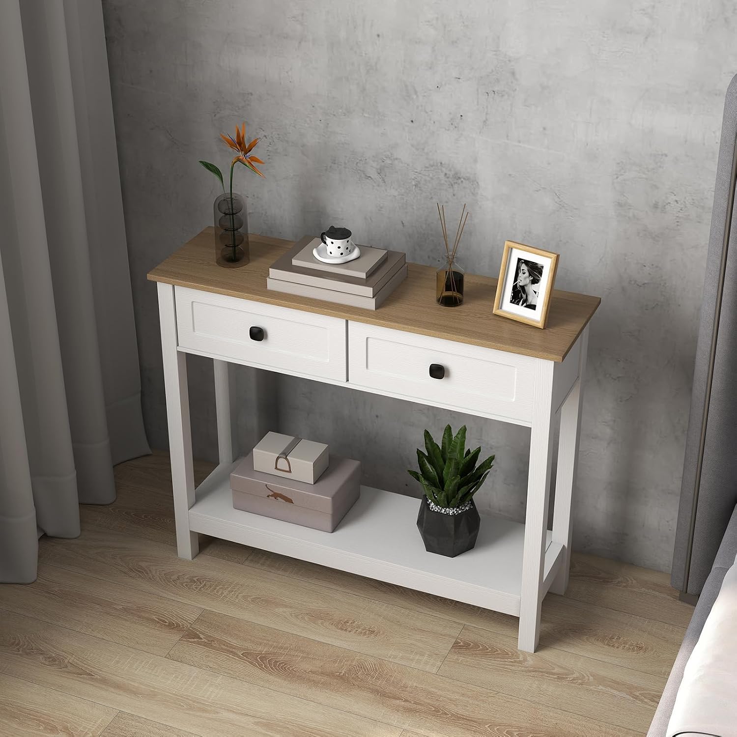 kinbor Entryway Table - White Console Table with 2 Drawers, Narrow Small Console Table with Storage Shelf for Entryway, Living Room, Hallway, Easy to Install, White