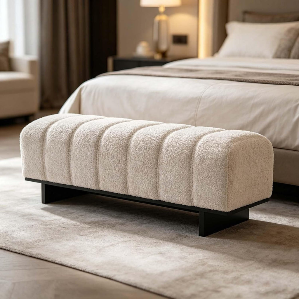 Tufted Boucle Fabric Bench Solid Black Support Base Multi Room Household Daily Seating Solution