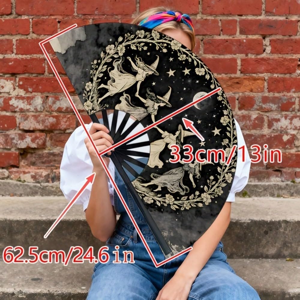 Large Folding Hand Fan, Black, Dancing Witches Design, Moon and Stars Theme, Halloween Costume Accessory