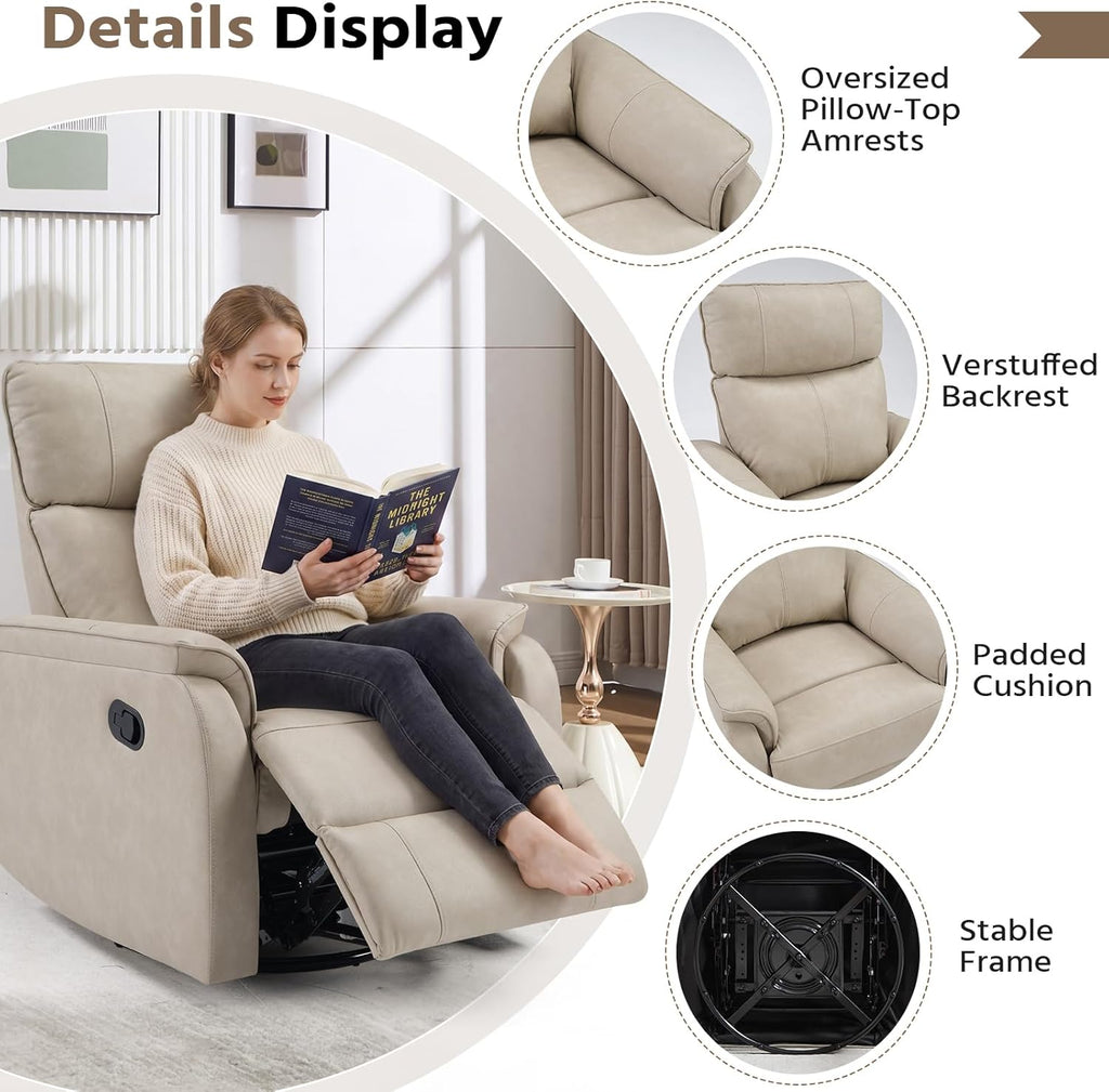 HAOMARKETS Swivel Rocker Recliner Chair Set of 2, Manual Faux Leather Glider Rocking Recliners for Adults, 360° Swivel Nursery Reclining Sofa with Padded Backrest for Living Room, Beige