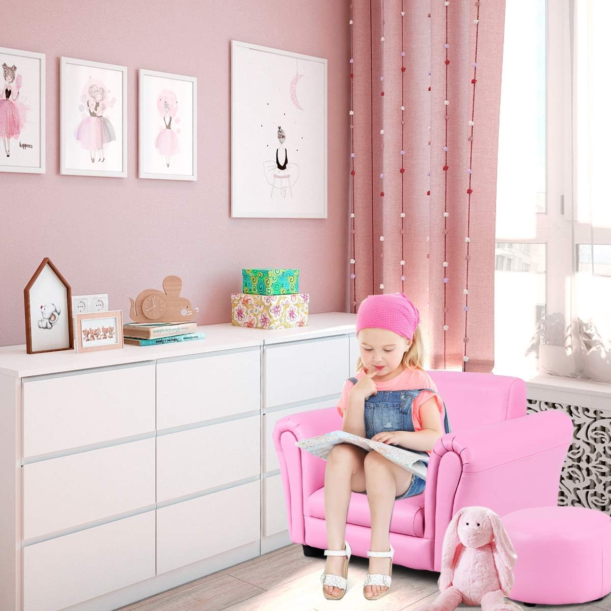 Costzon Kids Couch with Footstool, Children's Sofa with ASTM & CPSIA w/PU Leather Surface, Mini Armrest Chair Lounge, Soft Kids Sofa for Preschool Bedroom Kids Room Toddlers Boys Girls Birthday (Pink)