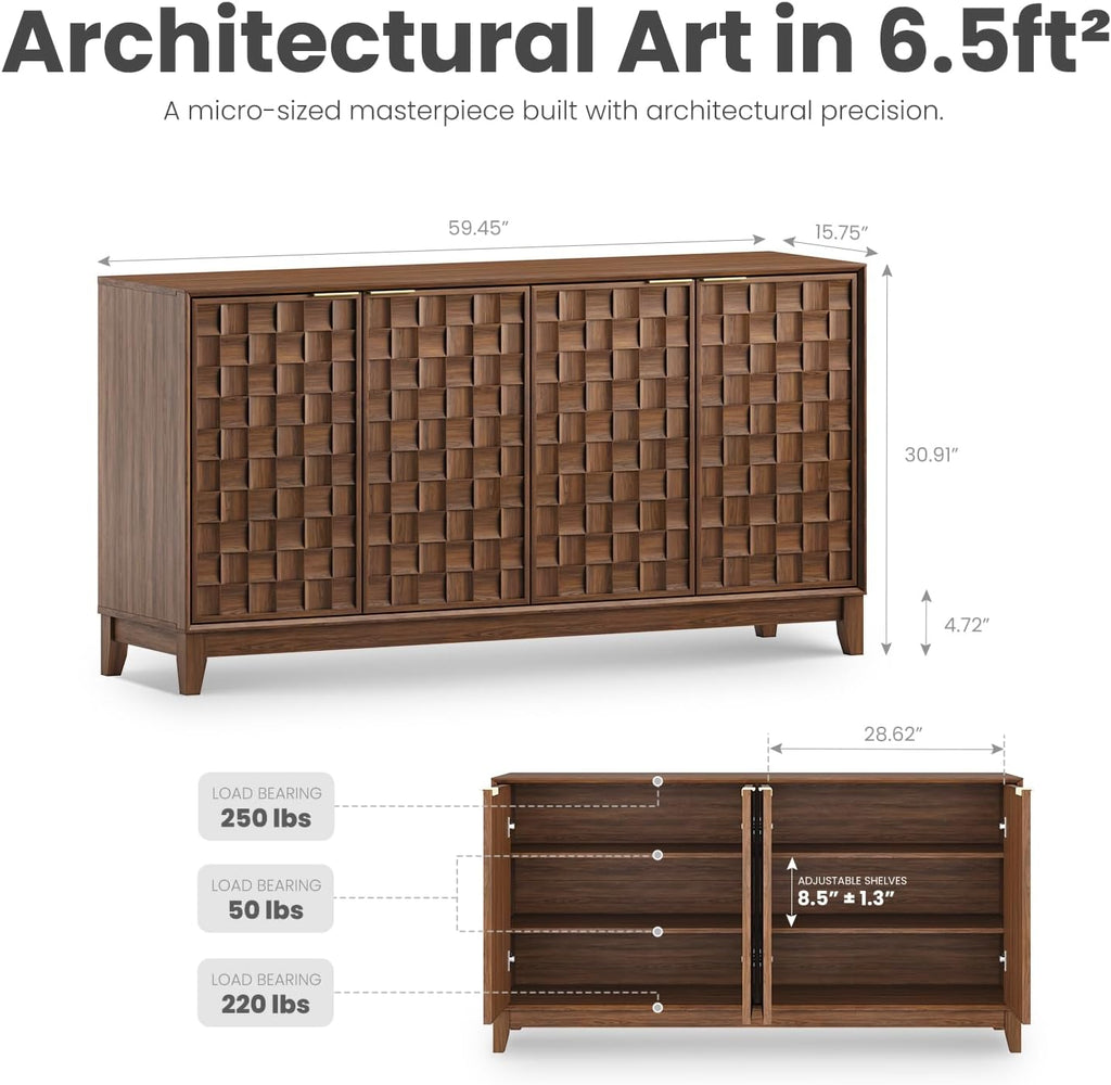 COLAMY Fluted Sideboard Cabinet with Storage, Solid Wood Buffet for Dining Room, Credenza Console with Adjustable Shelves, Walnut Finish, Mid Century Modern Style, Walnut