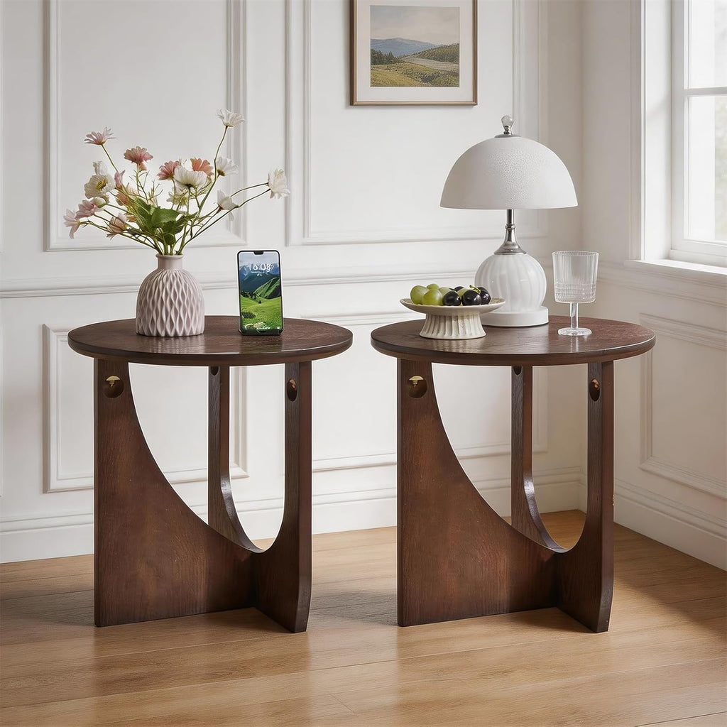 19.68 Inch Round Solid Wood Side Table, Walnut Brown, Modern Rustic Sofa End Table for Living Room Office, Easy Assembly Sofa Side Accent Table for Small Space