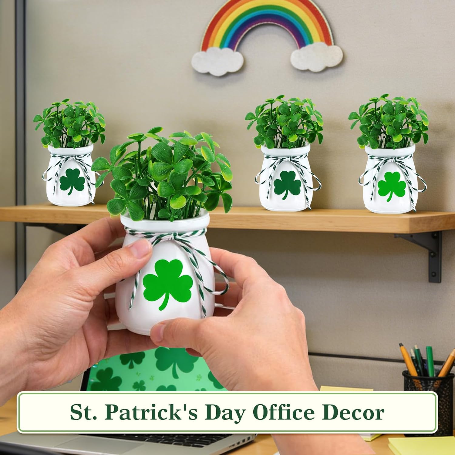 St. Patrick’s Day Decorations for Table – 4 Pack Mini Shamrock Decoration Vases with Artificial Shamrock Picks, St Patrick’s Day Decor for Home & Office