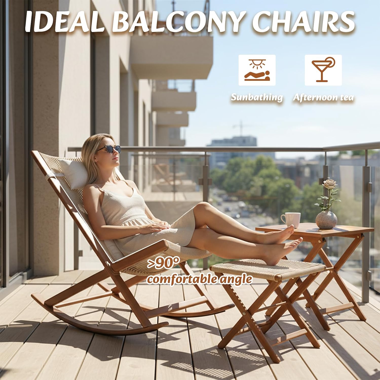 Rocking Balcony Chairs & Lounge Chairs, PE Wickerwork Outdoor Furniture Set, Beige, All-Weather, 330lb Load-Bearing, Ideal for Balcony, Patio, Living Room, and Bedroom