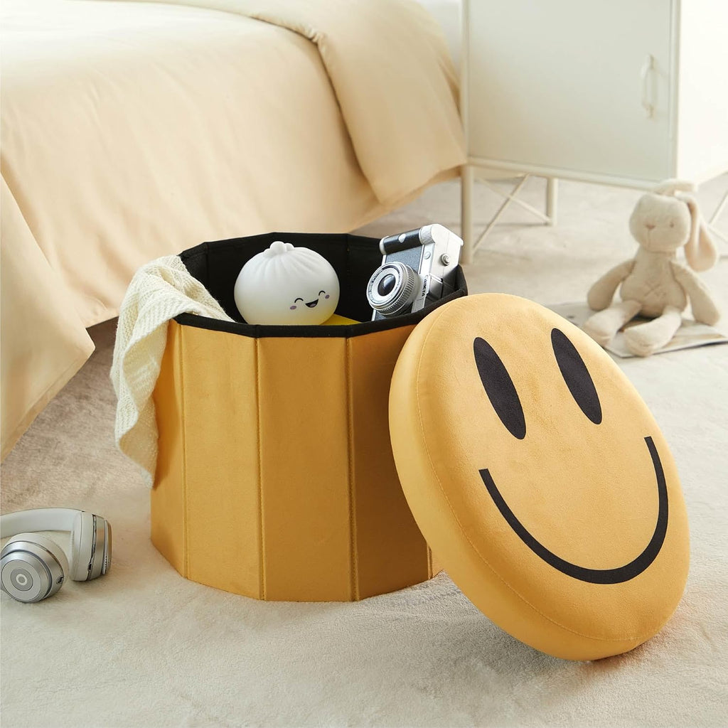Heritage Kids Smiley Face Storage Ottoman,Collapsible Round Storage Stool with Lid, Soft Padded Seat, Fun Emoji Design for Kids Room, Bedroom, or Living Room,Yellow