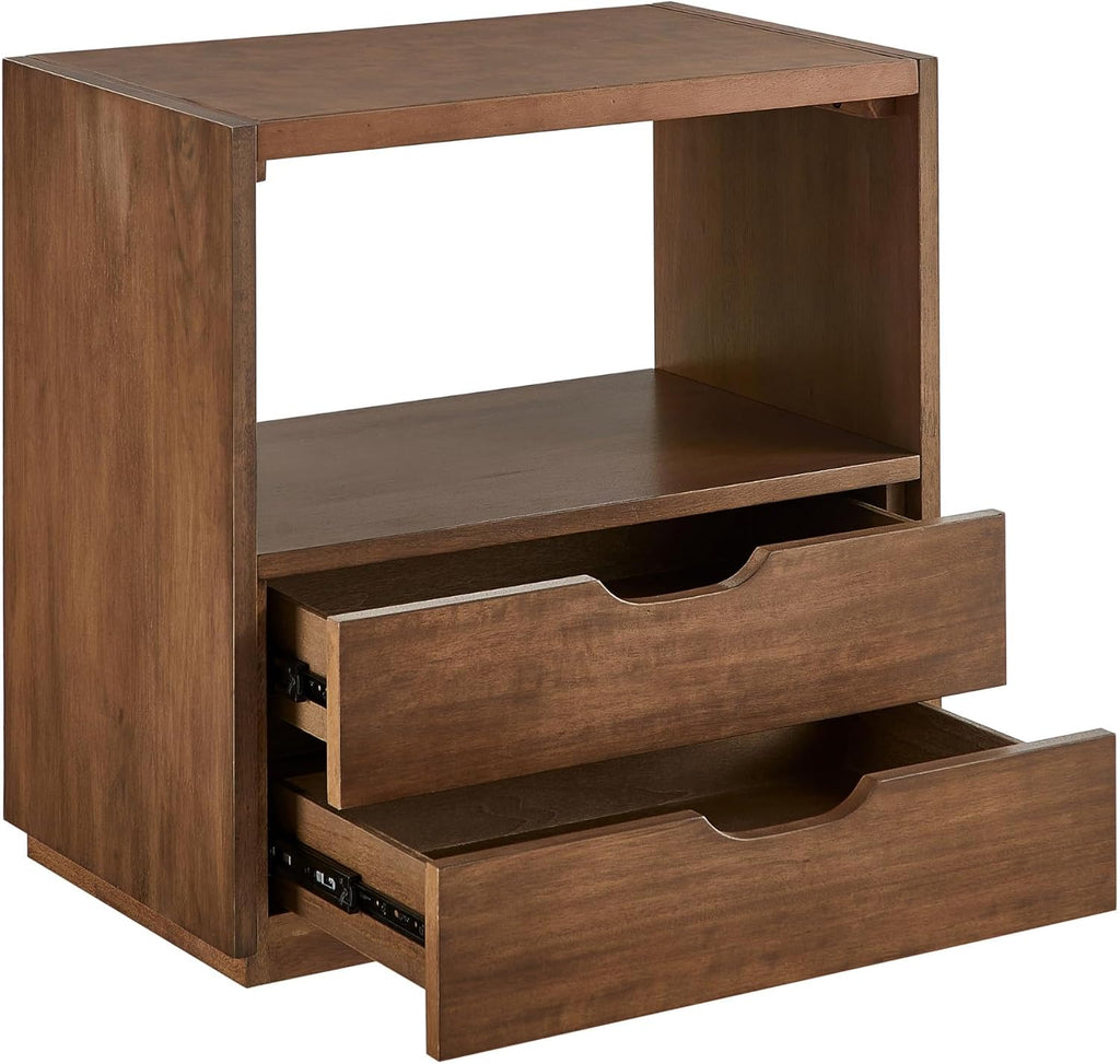 Vegan Leather Top Nightstand or End Table with Two Drawers and Open Shelf, Modern Plinth Base for Bedroom Living Room or Entryway