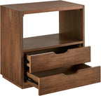 Vegan Leather Top Nightstand or End Table with Two Drawers and Open Shelf, Modern Plinth Base for Bedroom Living Room or Entryway