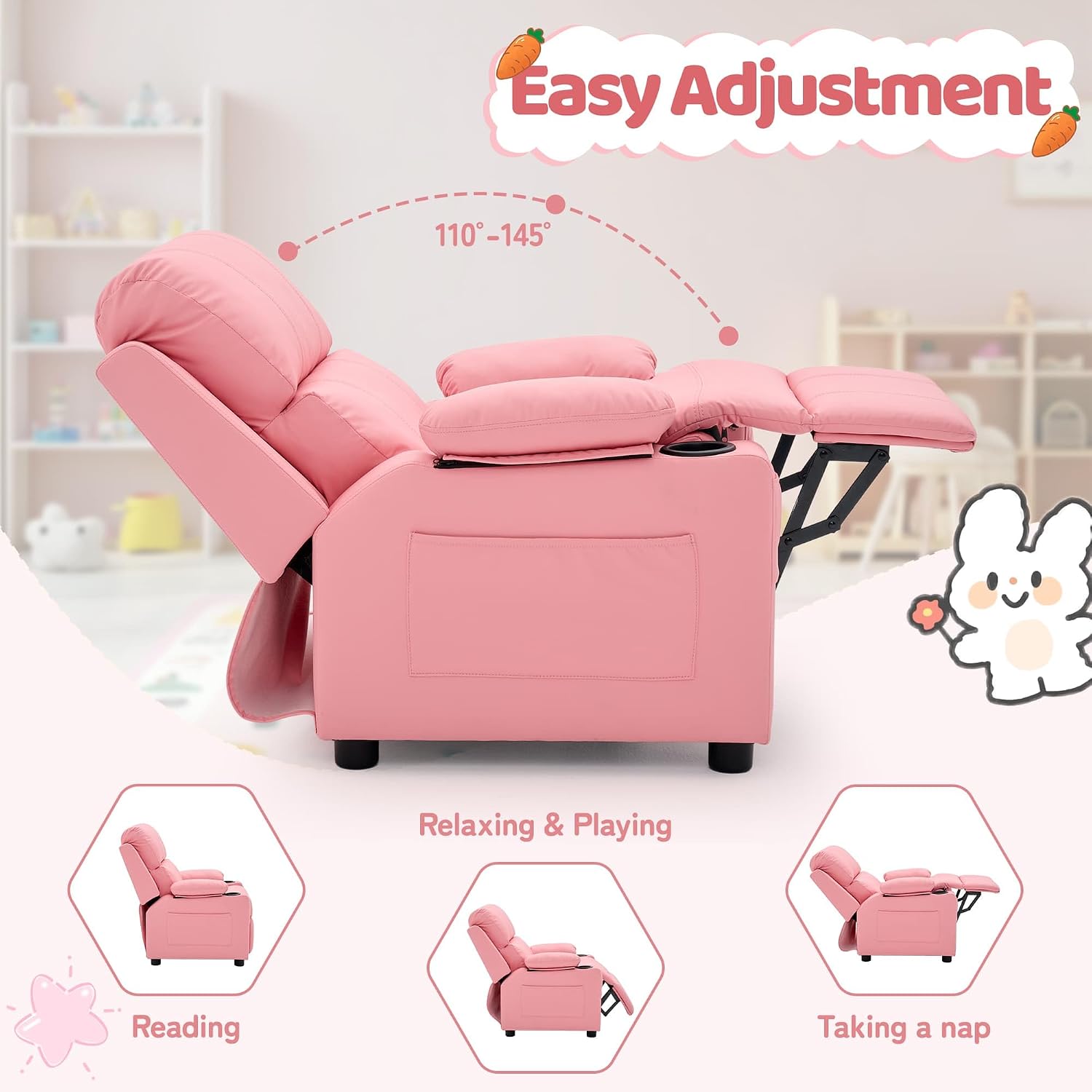 Korser Kids Recliner Chair, PU Leather Toddler Recliner with Cup Holder, Kid Recliner Sofa with Footrest, Push Back Child Reclining Chair with Side Pockets for Children Boys Girls Room, Pink
