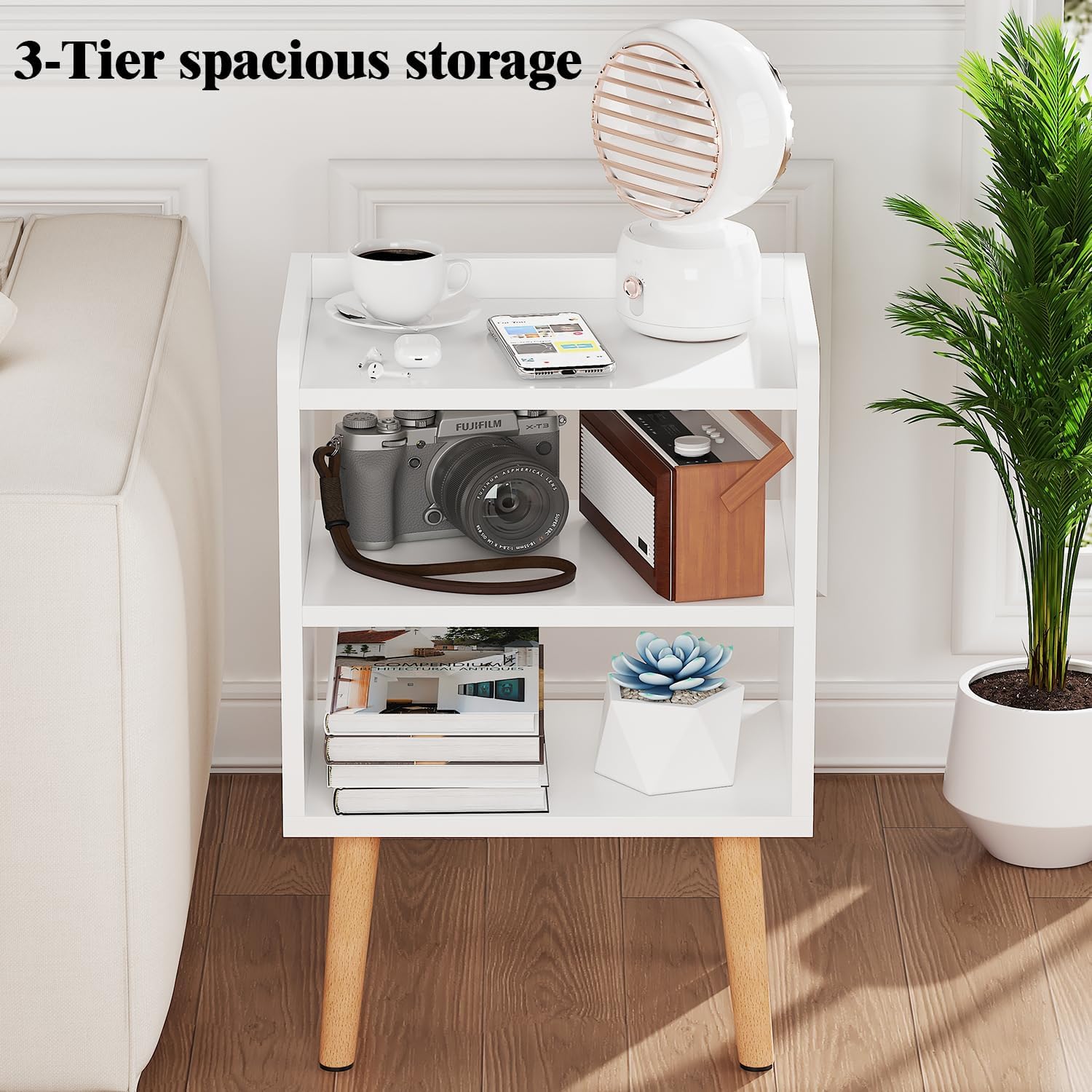 White Nightstand Small Bedside Table Kids Nightstand 3-tier Wood Side Table | Mid Century Modern Nightstand, Small Bedside Table for Bedroom, Kids Room & Small Spaces.