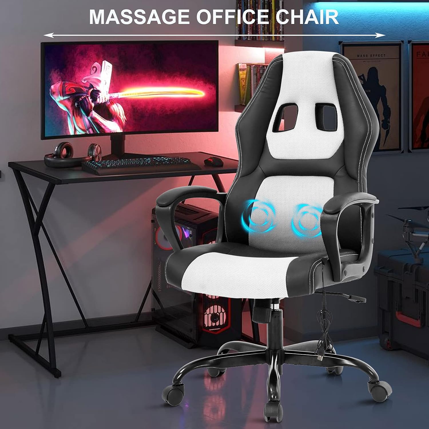 Gaming Chair Massage Office with Lumbar Support Headrest, Ergonomic Desk Padded Armrest, PC Racing Style Computer Chair, Modern Rolling Swivel White, 19.3 x 18.1 45.7 inches